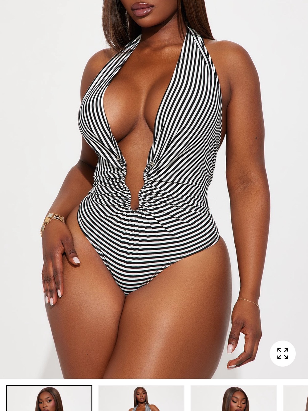 Fashion Nova Black & White Striped Plunge Halter Bodysuit